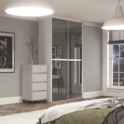 Spacepro Minimalist 2-Door Sliding Wardrobe Door Kit Silver Frame Grey Tinted Mirror Panel 1816 x 2260mm -Wardrobe Sales 264GP A1